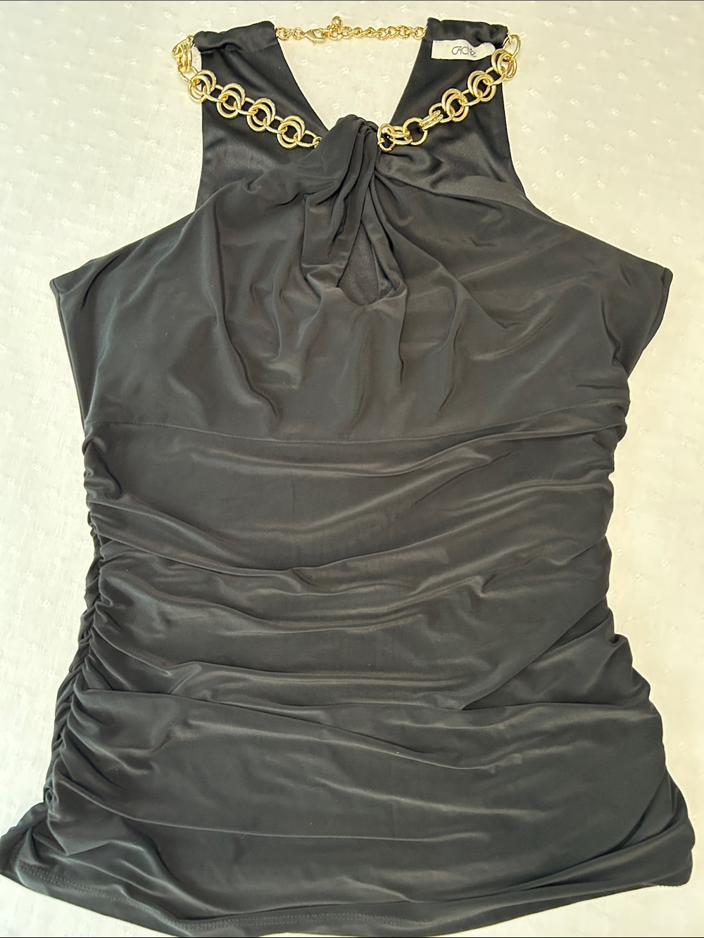 Rare authentic Y2K Cache Black Halter Top with Gold Link Chain necklace